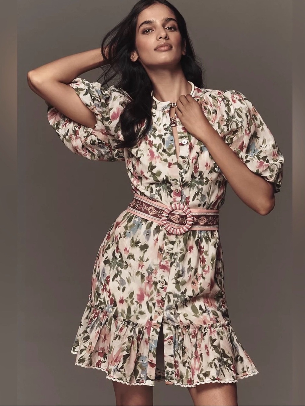 FARM Rio Cream Floral Puff-Sleeve Mini Dress with Belt